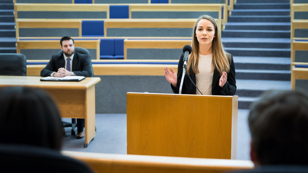 Student participating in a moot court competition at Iowa Law