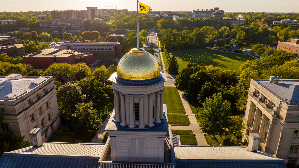 The Old Capitol Building at University of Iowa at sunset in the fall.
