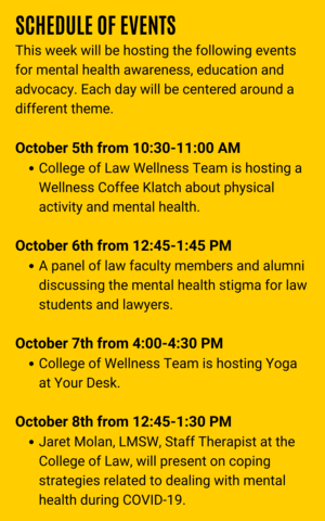 Graphic of the schedule of events for Mental Health Awareness Week 2020