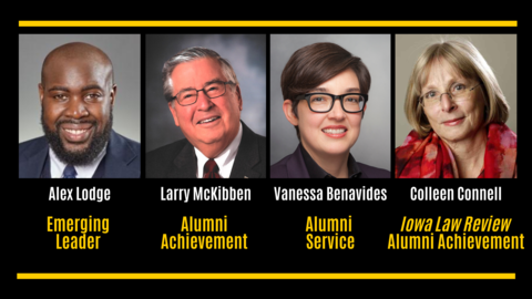 Headshots of the 2020 Alumni Award Recipients: Alex Lodge, Larry McKibben, Vanessa Benavides, and Colleen Connell