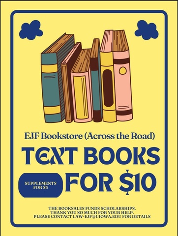 Flyer promoting the EJF bookstore with cartoon image of books on yellow background stating text books for $10, supplements for $5.