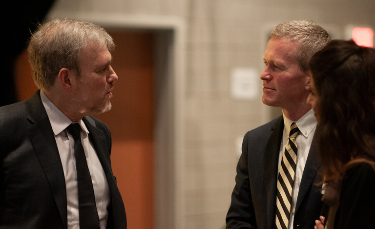 Bret Stephens talks to Dean Todd Pettys before the fall 2025 Levitt Lecture