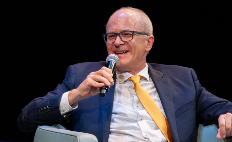 Iowa Public Radio’s River to River host, Ben Kieffer, moderates discussion during the fall 2025 Levitt Lecture.