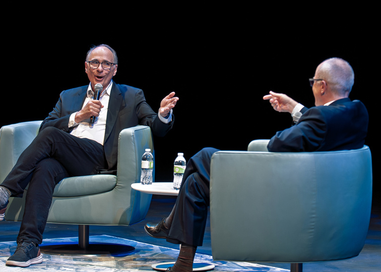 Axelrod and Kieffer joke with one another on stage during the spring 2026 Levitt Lecture.