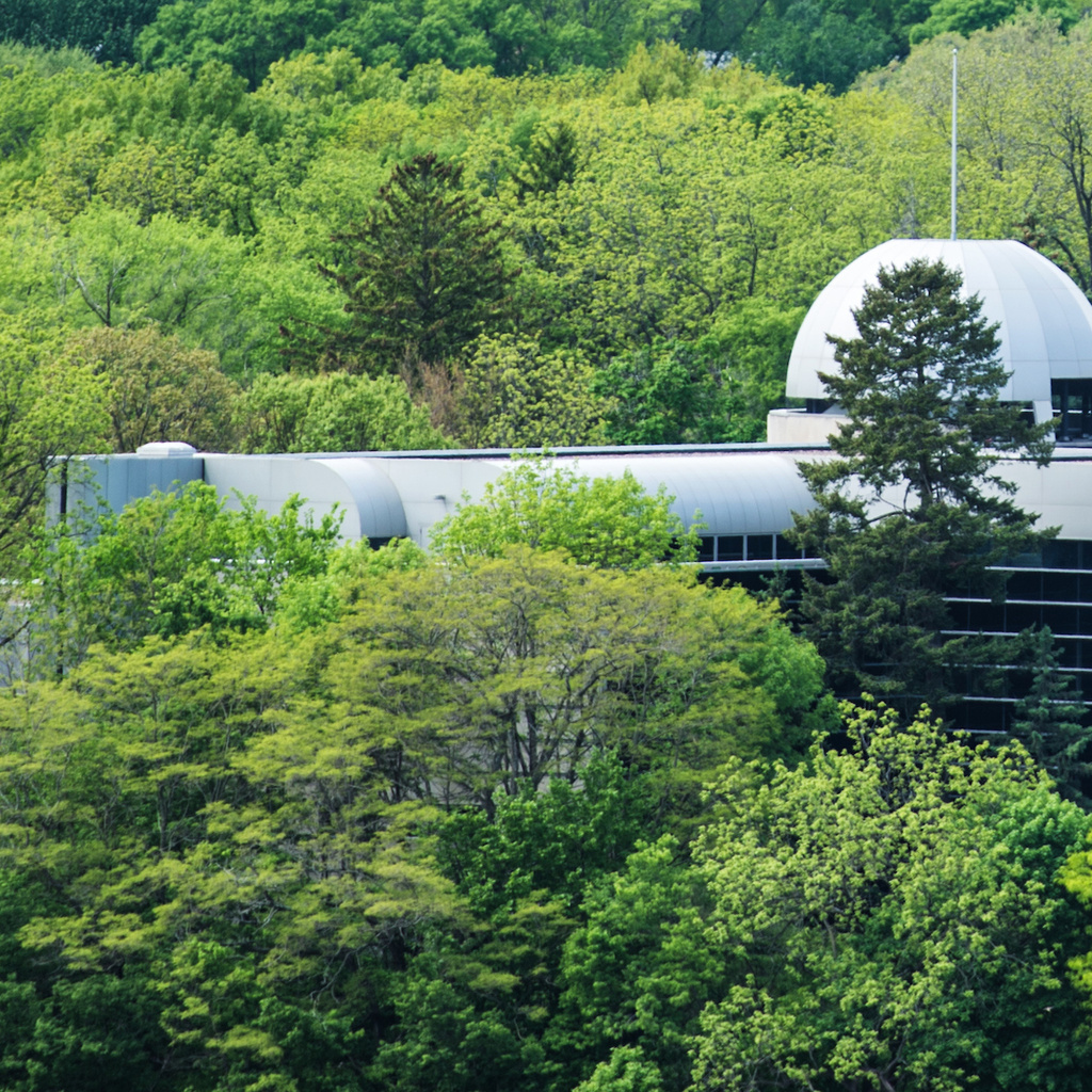 Ariel shot of the Boyd Law Building in the summer surrounded by trees 