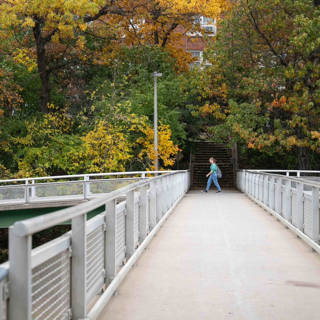 Students walks past the bridge leading to the back entrance of BLB in the fall. 
