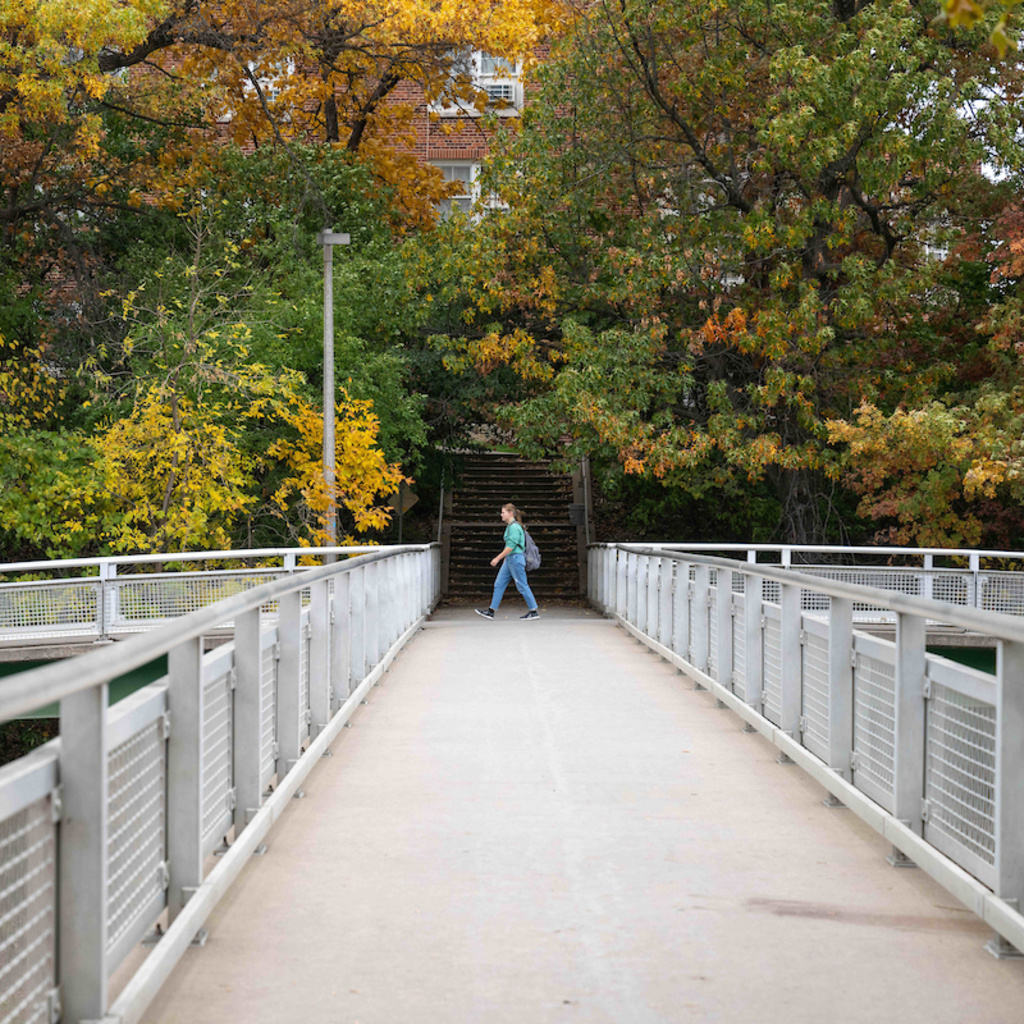 Students walks past the bridge leading to the back entrance of BLB in the fall. 