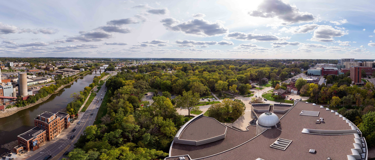 Ariel image of the Boyd Law Building and University of Iowa campus in the summer  