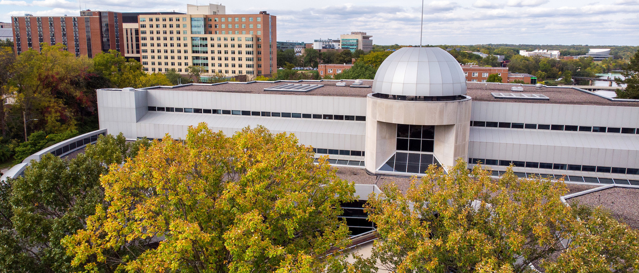 Drone shot of Boyd Law Building exterior in the fall 