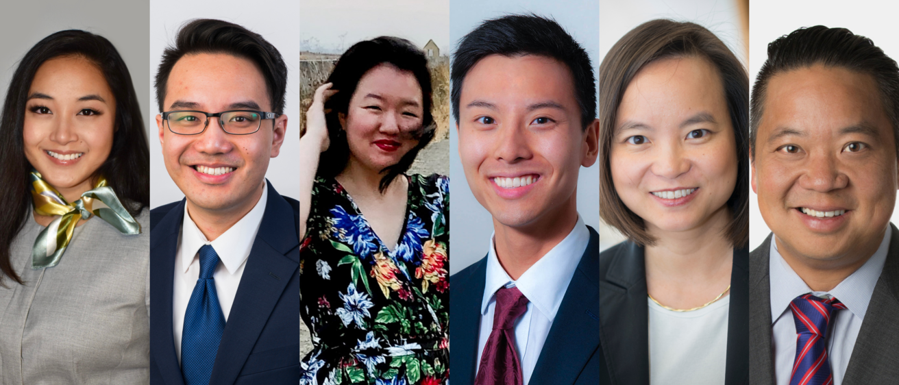 Asian American story header image featuring four law students, a faculty member and an Iowa Law alum