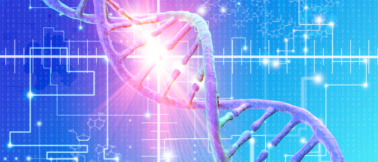 DNA helix in blue and pink with a bright pink burst of color on a blue background 