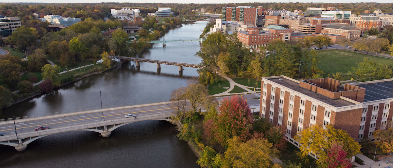 An aerial view of the Iowa River with multiple bridges.