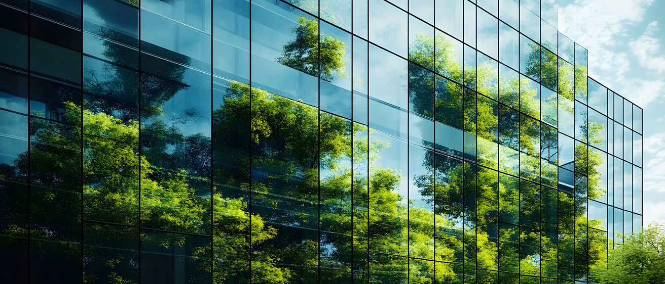 An image of a corporate building with green trees