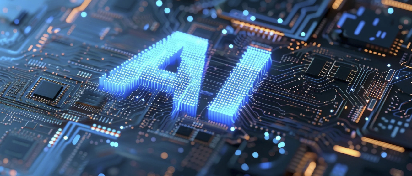 Graphical text reading "AI" over a closeup of a computer chip.