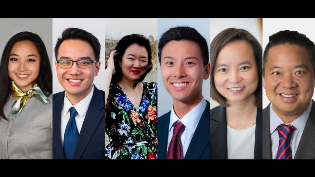 Asian American story header image featuring four law students, a faculty member and an Iowa Law alum
