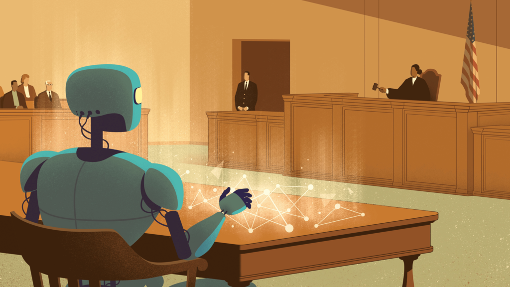 A robot stands trials in front of a judge representing algorithms in our world.