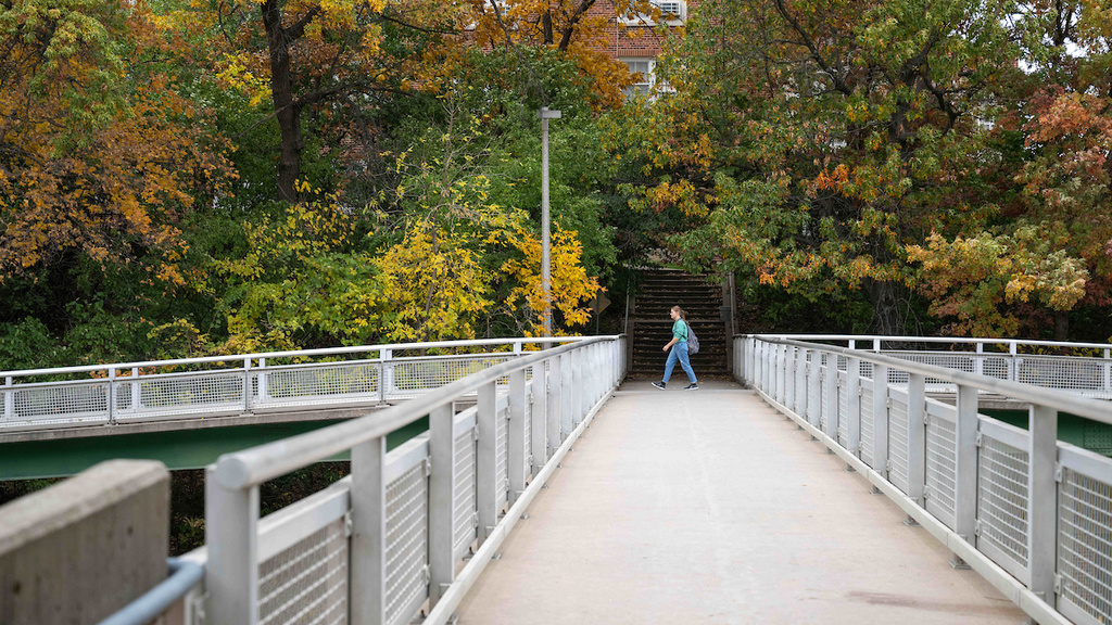 Students walks past the bridge leading to the back entrance of BLB in the fall. 