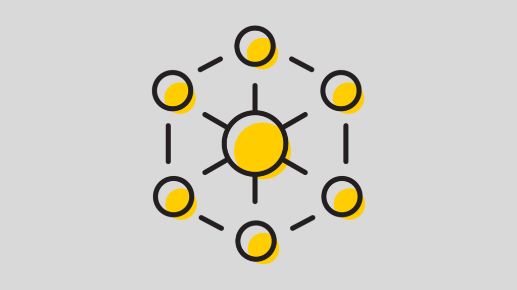 A gray background with a yellow and black network web icon. 