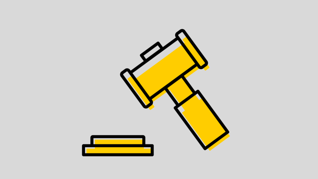 Icon of a legal gavel in yellow on a gray background. 
