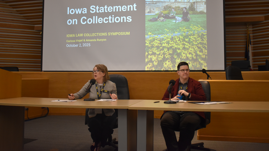 Carissa Vogel, professor of instruction and director of the Iowa Law Library, and Amanda Runyon, associate dean and director of the Biddle Law Library at Penn Carey Law, present at the 2025 Law Collections Symposium.